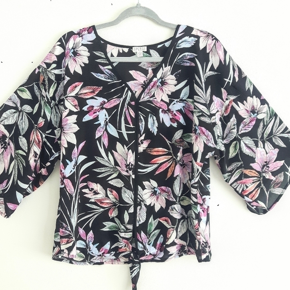 Spense Kimono Style V-Neck Blouse Tropical Print Size M (Fits 12-1…